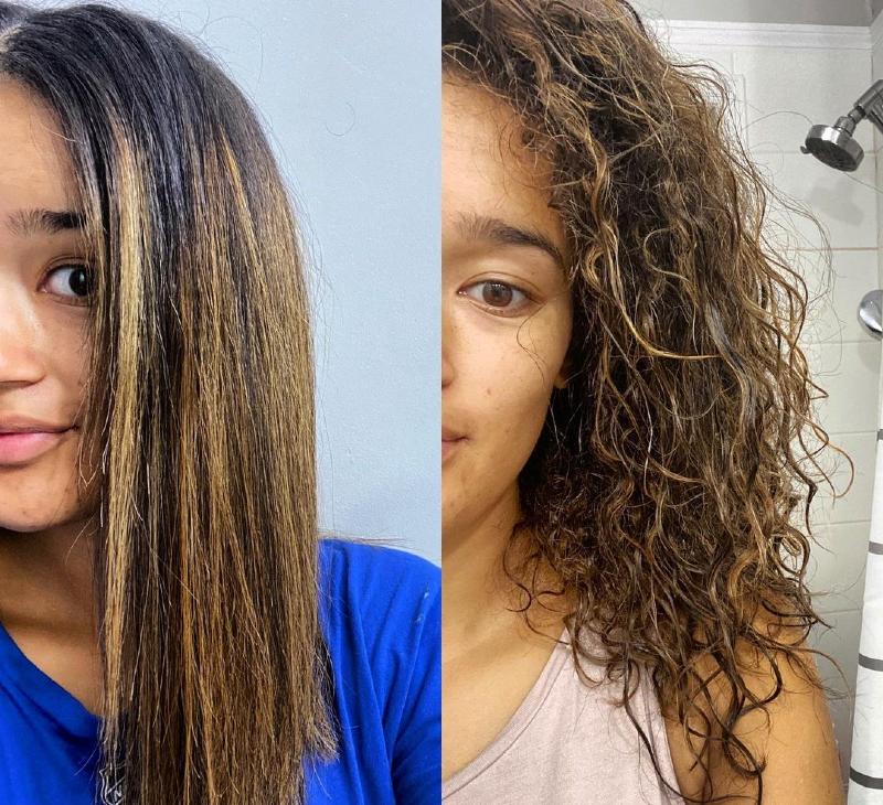 wet hair before and after straightening with flat iron