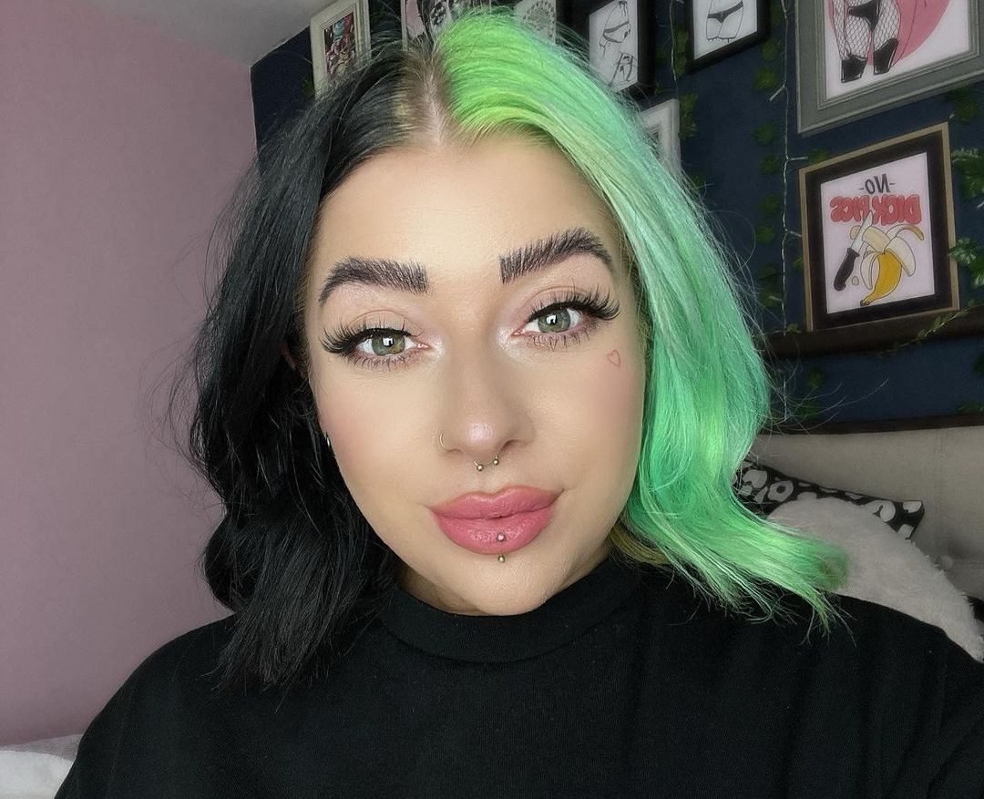 Black and green split hair color