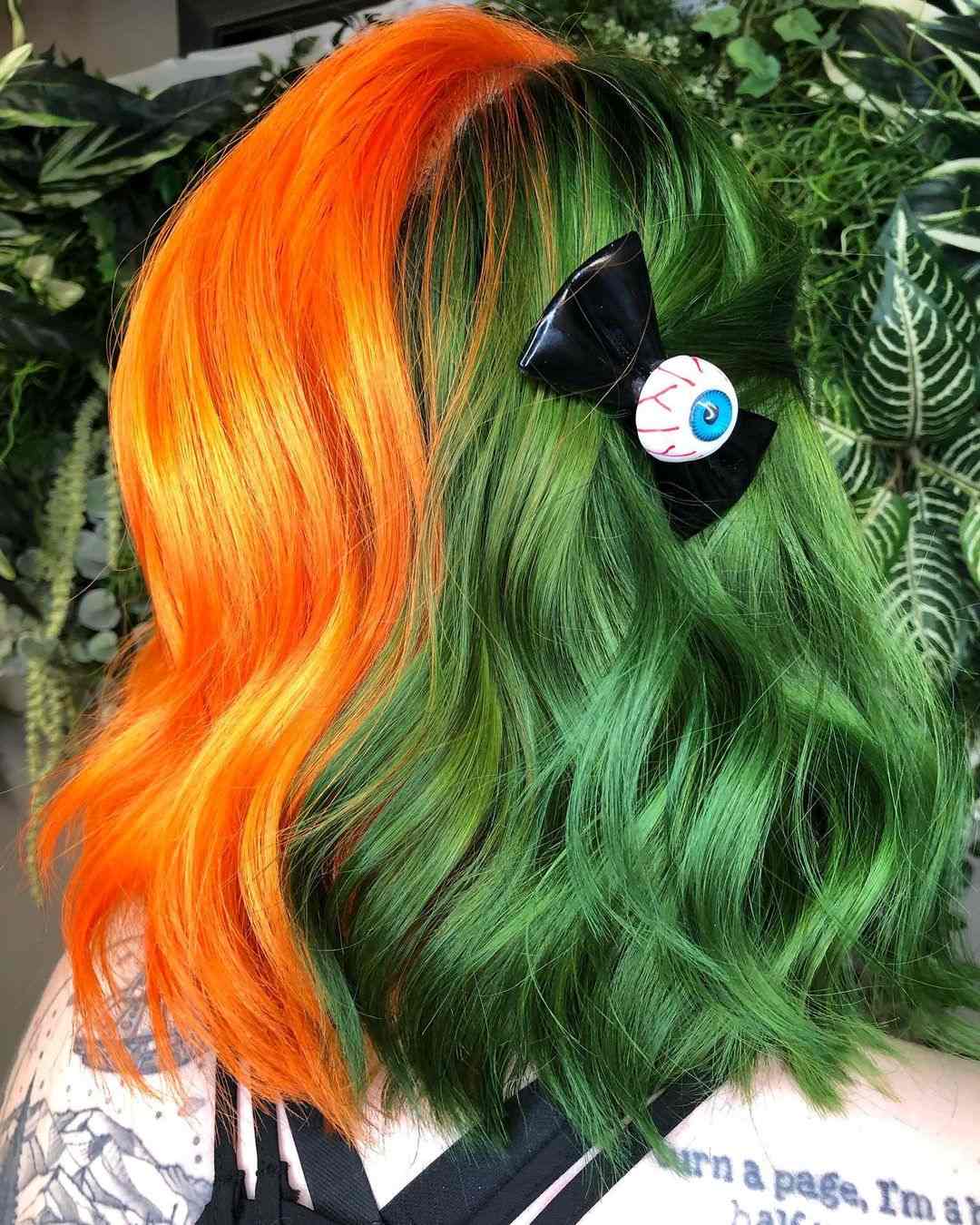 Orange and green split hair