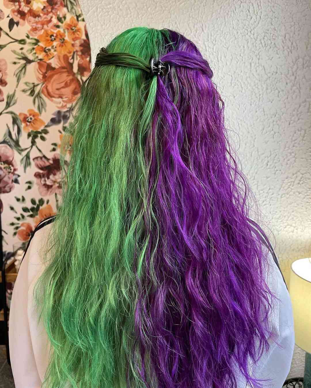 Purple and green split hair