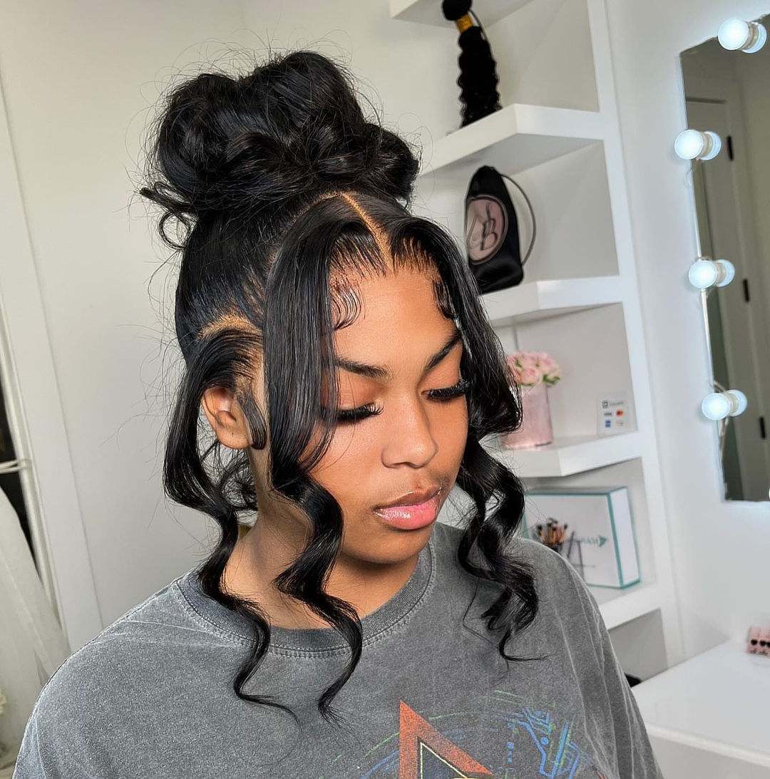 black girl messy bun with weave 