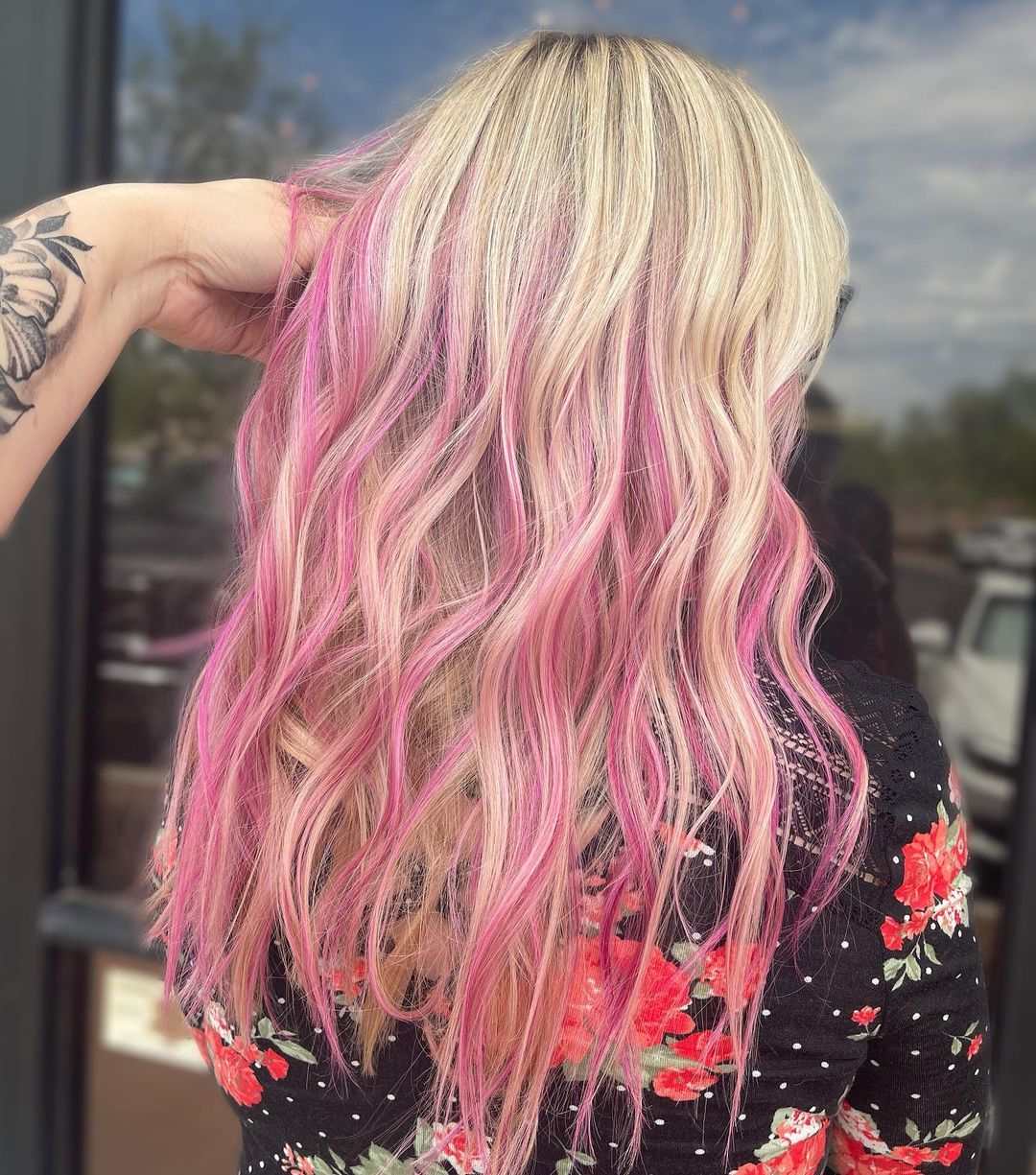 blonde hair with pink streaks