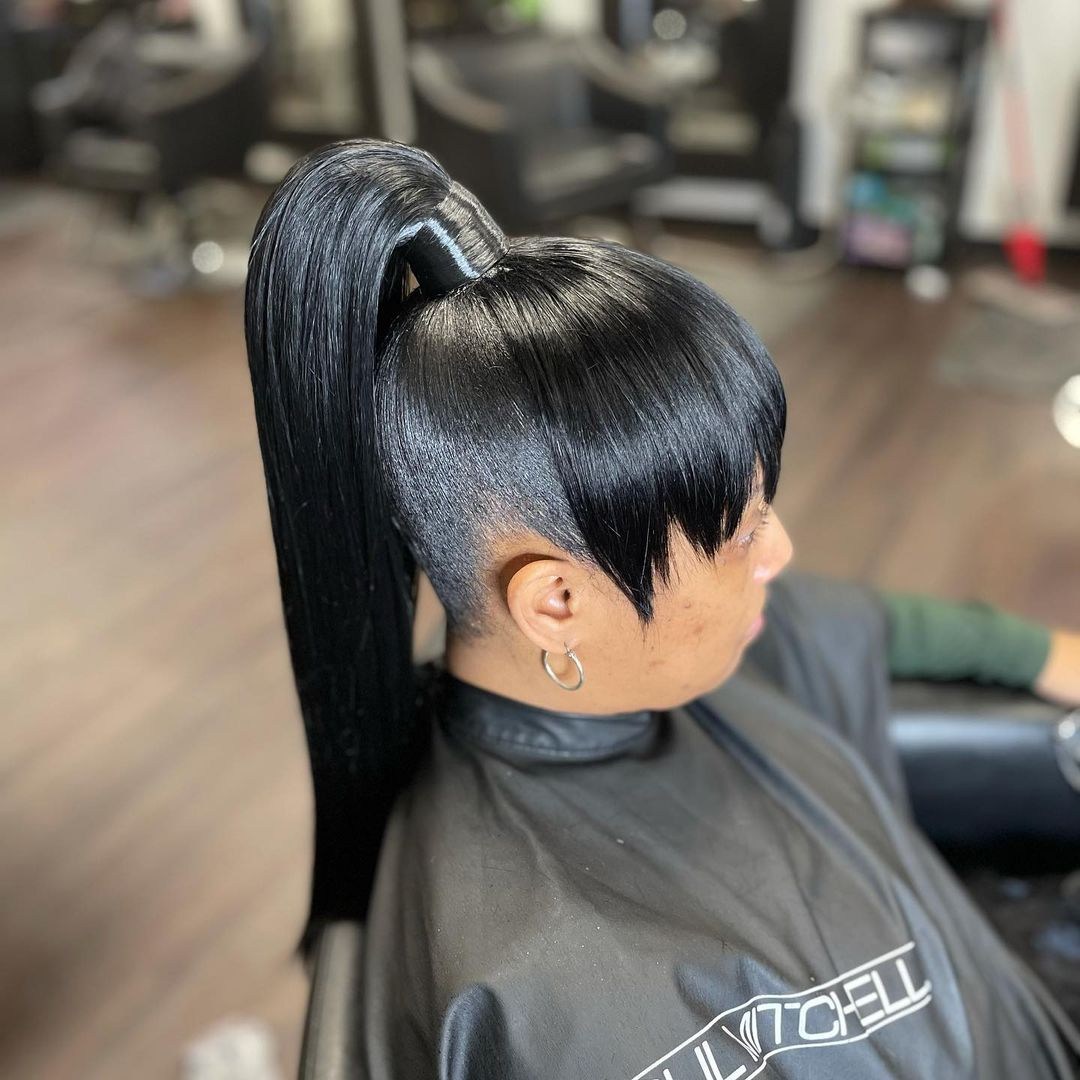 black hair ponytail styles with bangs